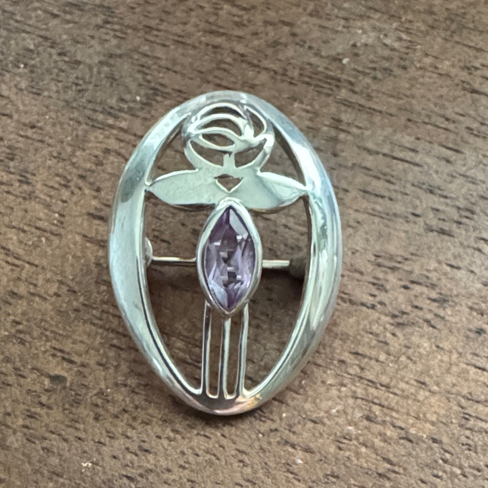 Sterling Silver Kit Heath Art Nouveau Style Flower Brooch w Amethyst Stone